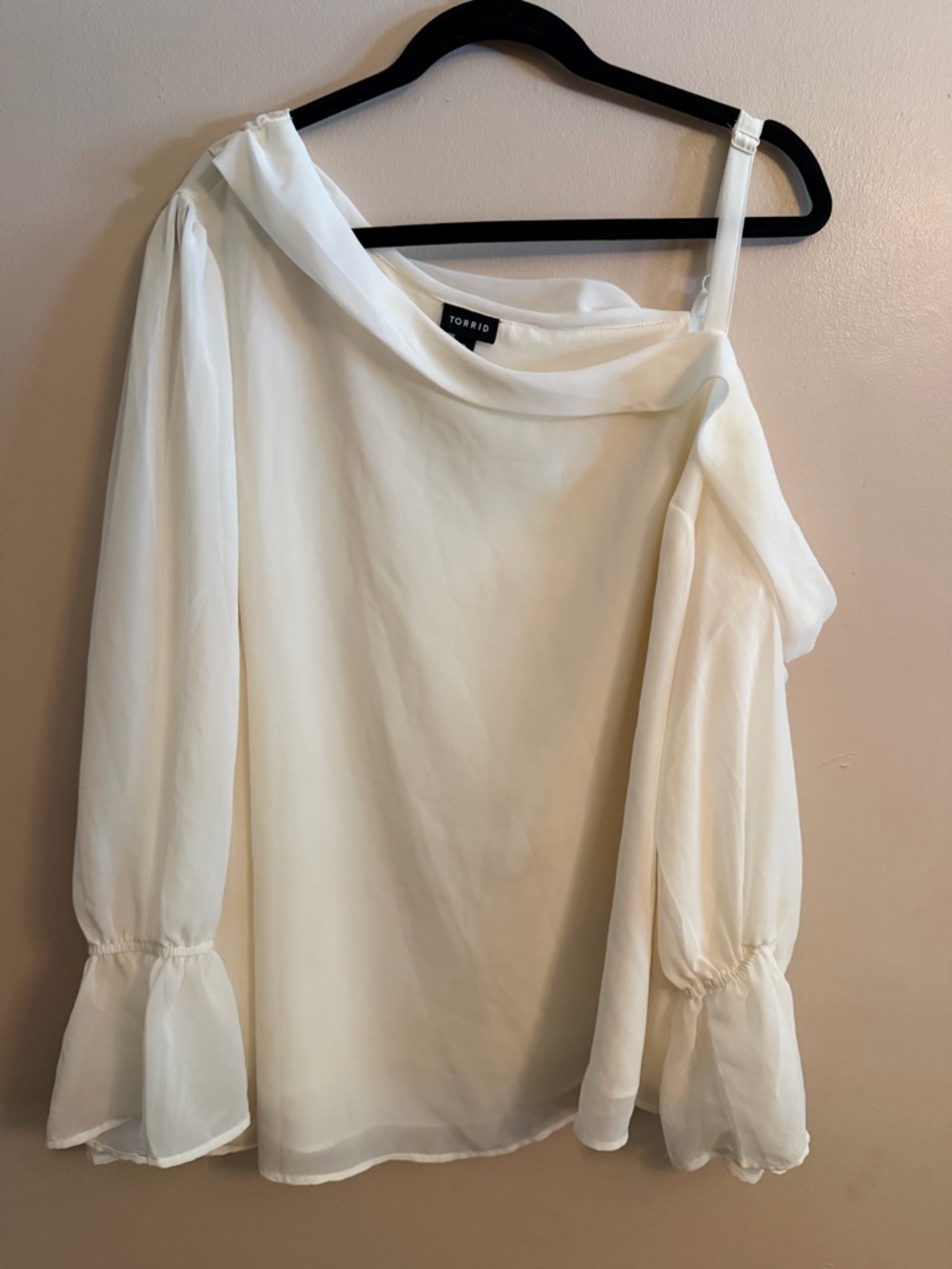 torrid Ivory One-Shoulder Chiffon Blouse with Sheer Sleeve